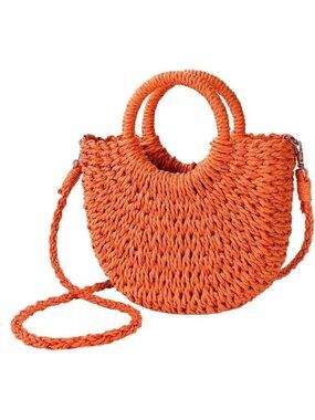 Woven Straw Beach Bag for Womem Top Handle Orange Crossbody and Shoulder Strap